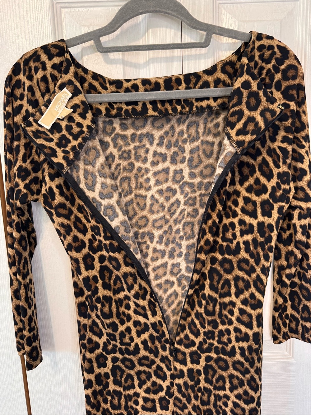 Michael Kors Leopard Print Ruched Sheath Dress Brown/Black Size Small 3/4 Sleeve - Picture 10 of 15